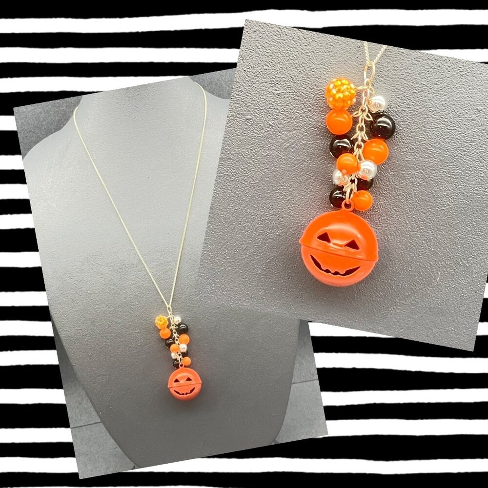Halloween Pumpkin Bell Necklace 26 In Cluster Beads Festive Orange Black Silver